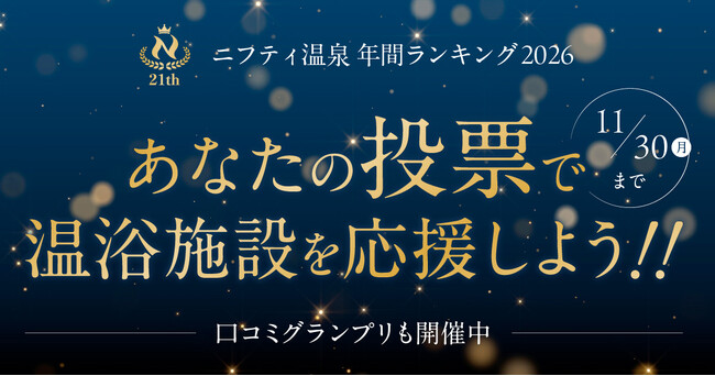 「第21回ニフティ温泉年間ランキング2026」ユーザー投票がスタート！全国約2.3万件の温浴施設から“推し施設”を応援しよう！