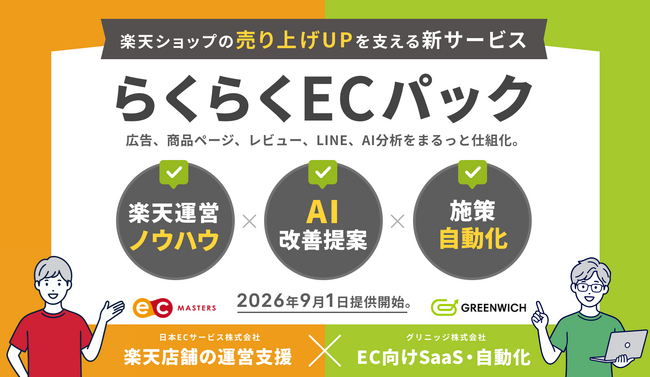 日本ECサービスとグリニッジの楽天市場での店舗運営支援サービスを統合。「らくらくECパック」9月1日提供開始。