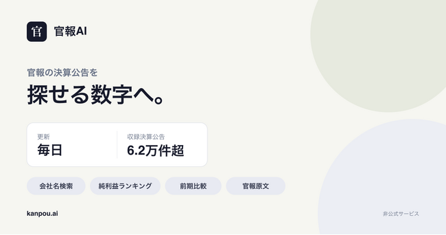 無料の官報検索サービス「官報AI」、決算公告6.2万件超を数値で探せるデータベースを拡充