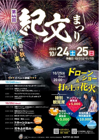 「第44回紀文まつり」ドローンショー＆花火大会特別観覧席の申込受付を2026年8月26日（水）よりチケットペイにて販売開始！