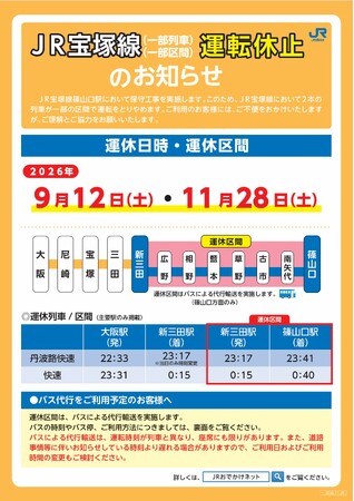 JR宝塚線における夜間時間帯集中保守工事に伴う列車の運転休止およびバスによる代行輸送について