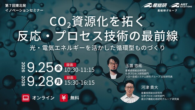 CO2資源化を拓く反応・プロセス技術の最前線　光・電気エネルギーを活かした循環型ものづくり【9月25日、28日/無料セミナー】（産総研グループ）