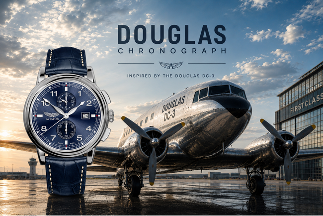 航空黄金時代の名機「Douglas DC-3」から着想。AVIATOR、新作「DOUGLAS CHRONOGRAPH」を日本発売