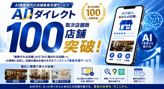 AI検索時代の店舗集客支援サービス「AIダイレクト」 累計取次店舗数100店舗を突破!