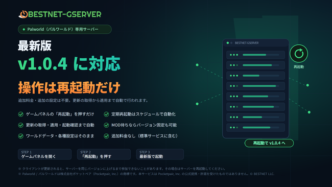 【BESTNET-GSERVER】Palworld 最新版 v1.0.4 に対応 ― サーバーの再起動だけで自動適用、追加料金・追加設定は不要