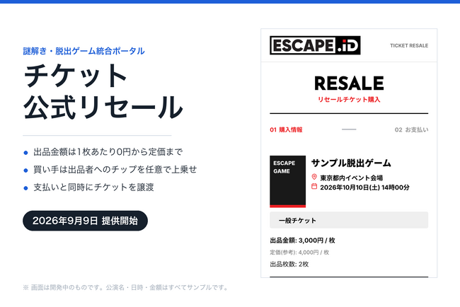 日本最大級の謎解き・脱出ゲーム統合ポータル「ESCAPE.ID」がチケット2次流通である「公式リセール」サービスを開始。