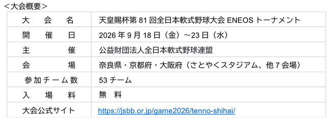 ENEOSホールディングスは「天皇賜杯第81回全日本軟式野球大会ENEOSトーナメント」に協賛します！