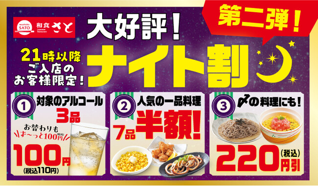 和食さと　アルコールも一品も〆(シメ)もお得！「ナイト割第2弾」を9/11(金)から開始!!
