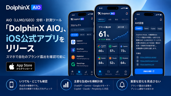 AIO（LLMO/GEO）分析・計測ツール「DolphinX AIO」、iOS公式スマホアプリをリリース｜スマホで自社のブランド露出を確認可能に