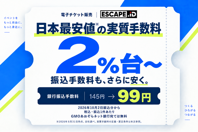 体験型コンテンツ文化の発展を支える「ESCAPE.ID」 電子チケットサービス実質手数料*日本最安値宣言!