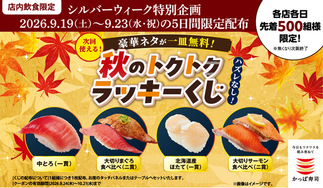 シルバーウイーク限定！先着でハズレなしの「秋のトクトクラッキーくじクーポン」を配布！中とろ、大切りまぐろ食べ比べ、北海道産ほたて、大切りサーモン食べ比べと、豪華ネタ1皿無料のチャンス