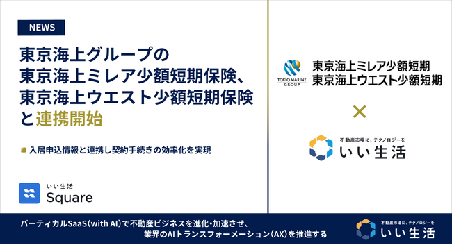 いい生活、東京海上グループの東京海上ミレア少額短期保険、東京海上ウエスト少額短期保険と連携開始