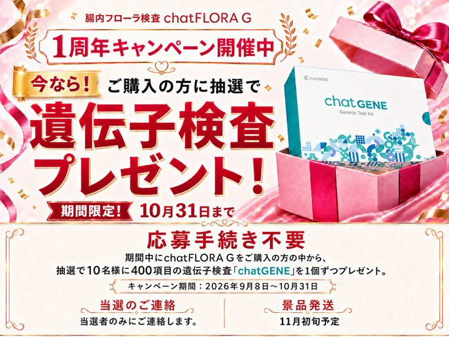 腸活実践者の49.5％が「腸内フローラ検査に興味があるが未経験」。「chatFLORA G」発売1周年を記念し、検査体験を後押しするキャンペーンを開催