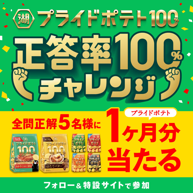 「湖池屋プライドポテト100％ 第2弾（熊本／縄文）」発売記念『正答率100％チャレンジ！湖池屋プライドポテト100％キャンペーン』を開催！
