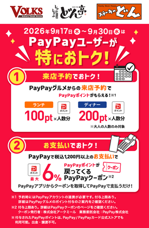 PayPay払い(最大6％Pプレゼント)＋PayPayグルメ予約でさらに「おトク！」キャンペーン！9月17日(木)～9月30日(水)までフォルクス・ステーキのどん・しゃぶしゃぶどん亭で開催