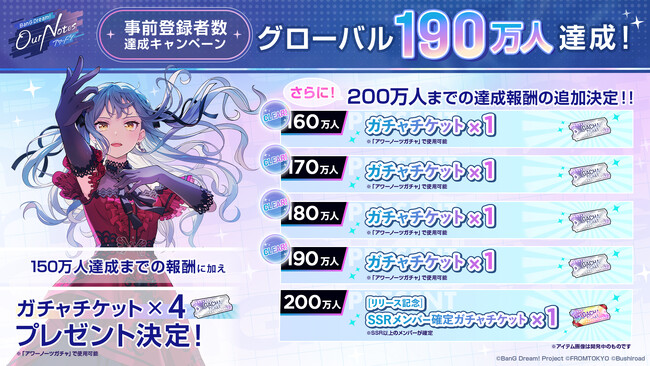 新作リズムゲーム「バンドリ！アワーノーツ」事前登録者数がグローバル180万人を突破し、190万人を達成！