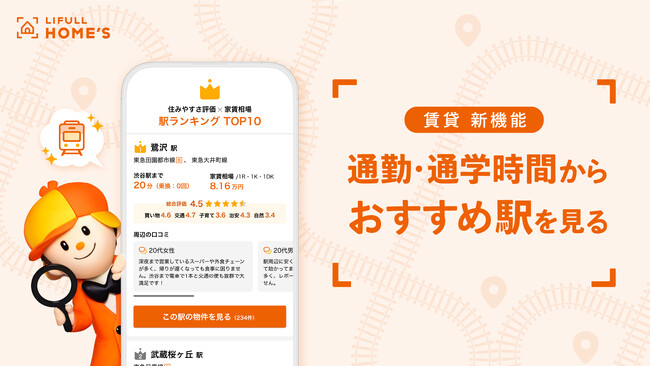 【業界初※】LIFULL HOME'S賃貸、通勤・通学時間からおすすめ駅をランキング形式で表示する新機能を発表