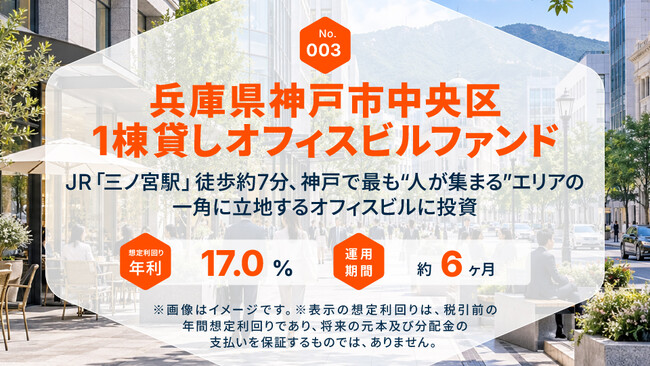 【想定年利17％・運用約6ヶ月】JR三ノ宮駅から徒歩約7分『兵庫県神戸市中央区 1棟貸しオフィスビルファンド』9/18(金)募集開始
