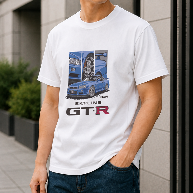 R34の迫力を一枚に。SKYLINE GT-R (R34) デザインTシャツが新登場！楽天市場で予約販売を開始しました。