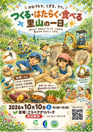 【柿野工務店 創業80周年】木工・左官体験や「はたらく車」が大集合！親子で楽しむ感謝イベント『つくる・はたらく・食べる 里山の一日』を10月10日(土)にこうべアグリパークで開催