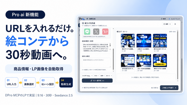 「Pro ai」に絵コンテからの動画生成機能を追加。URLと参考画像から30秒動画まで制作