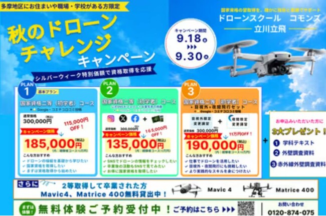 【立川・多摩地区限定】ドローン国家資格を13.5万円から目指せる「秋のドローンチャレンジ」開催！通常30万円から最大16.5万円OFF、無料体験受付中