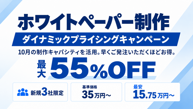 アイコネクト、ホワイトペーパー制作に「ダイナミックプライシング」を試験導入。新規3社限定で最大55％OFF