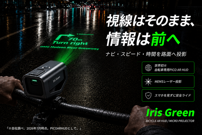 【本日11時販売開始】ナビ・速度・時間を前方に投影する自転車専用PICO AR HUD「Iris Green」がCAMPFIREに登場｜最大38％OFF・初日限定1,000円OFFクーポンも