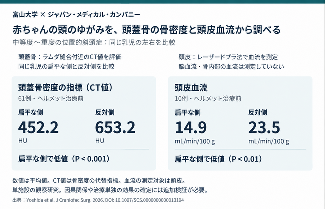 赤ちゃんの頭のゆがみ、頭蓋骨の扁平な側で骨密度と頭皮血流の低下を発見―富山大学とジャパン・メディカル・カンパニーの共同研究