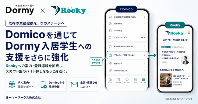 【共立メンテナンス×ルーキーワークス】入居者支援アプリ「Domico」からスカウト型バイトサービス「Rooky」へつながる案内・登録導線を整備