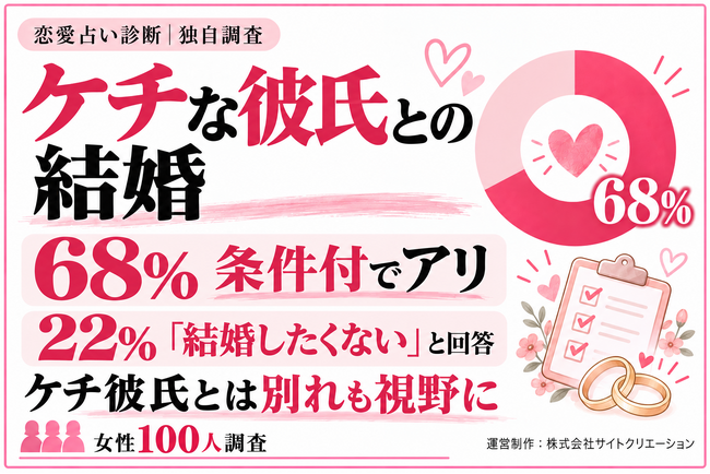 ケチな彼氏との結婚｜女性68％が「条件付でアリ」と回答、22％は結婚に否定的　ケチ彼氏とは別れも視野に