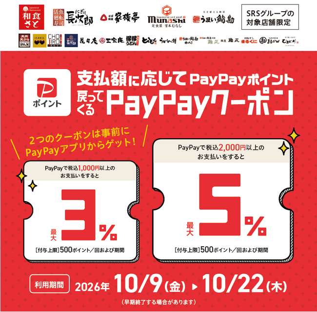 【SRSグループ】10月9日より対象店舗でPayPayクーポンキャンペーンを実施