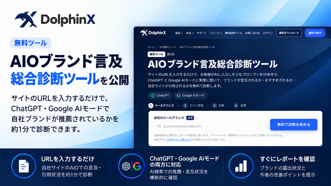 DolphinX、無料ツール「AIOブランド言及総合診断ツール」を公開。サイトのURLで、ChatGPT・Google AIモードで自社ブランドが推薦されているかを約1分で診断
