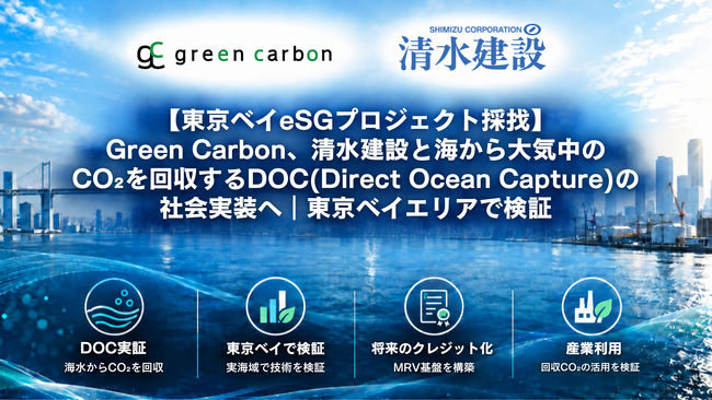 【東京ベイeSGプロジェクト採択】Green Carbon、清水建設と海から大気中のCO2を回収するDOC（Direct Ocean Capture）の社会実装へ｜東京ベイエリアで検証