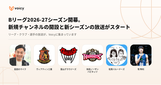 音声プラットフォーム「Voicy」、りそなグループB.LEAGUE 2026-27シーズン開幕にあわせてクラブが新規チャンネルを開設。リーグ・選手の番組も新シーズンの放送を開始