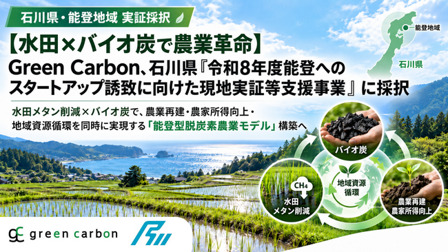【水田×バイオ炭で農業革命】Green Carbon、石川県「令和8年度能登へのスタートアップ誘致に向けた現地実証等支援事業」に採択