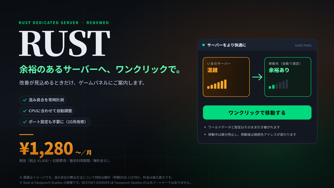 【BESTNET-GSERVER】RUST専用サーバーをリニューアル ― 混み具合を常時計測し、余裕のあるサーバーへワンクリックで移動。月額￥1,280（税抜）から