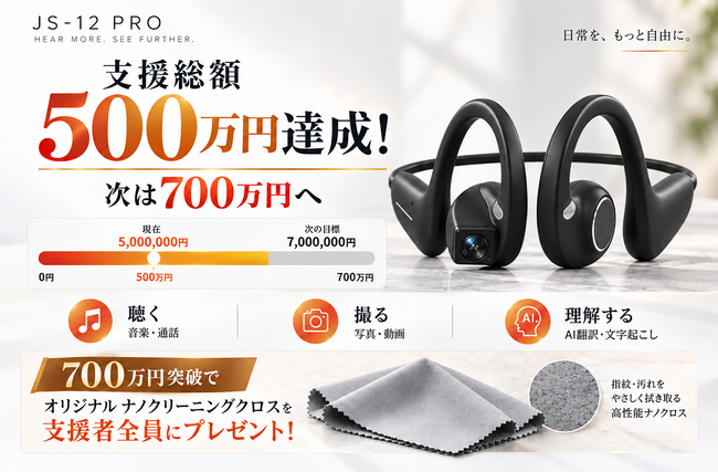 700万円達成で支援者全員に限定特典をプレゼント！支援総額500万円突破の次世代3in1 AIカメラ搭載イヤホン「JS-12 PRO」がCAMPFIREで好評公開中！