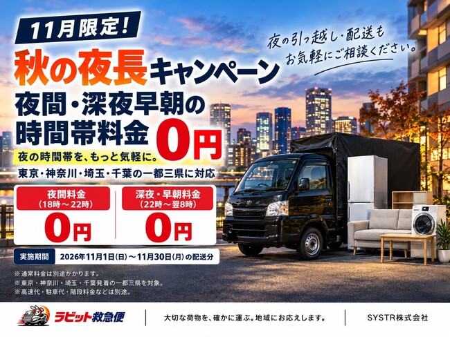 夜の時間帯を、もっと気軽に。ラビット救急便、11月限定で夜間・深夜早朝の時間帯料金を0円にする「秋の夜長キャンペーン」を実施