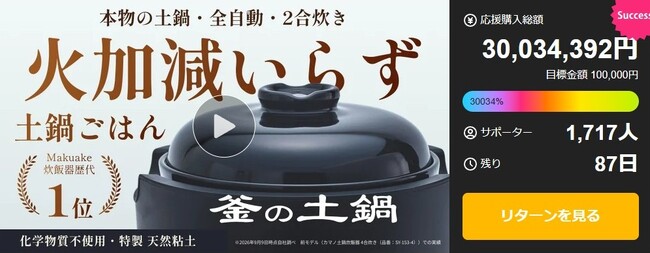 開始7日間で応援購入総額3,000万円突破！『釜の土鍋炊飯器 2合』がMakuakeで大きな支持を獲得