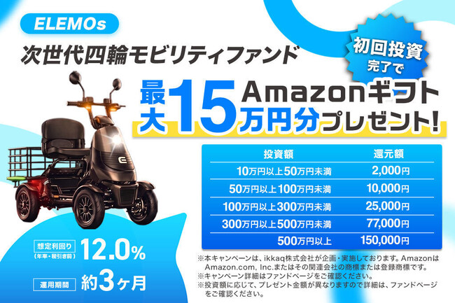 【最大15万円分ギフト券】ELEMOs次世代四輪モビリティファンド募集開始!