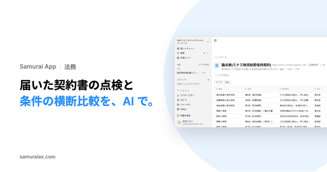 SamuraiAX、業務AIエージェントOS「Samurai App」で、届いた契約書の論点表と稟議のまとめの作成、契約書を横断した条件の比較を提供