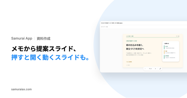 SamuraiAX、業務AIエージェントOS「Samurai App」で、打ち合わせのメモから提案スライドを作る使い方と、押すと内訳が開く動くスライドを作る使い方を提供