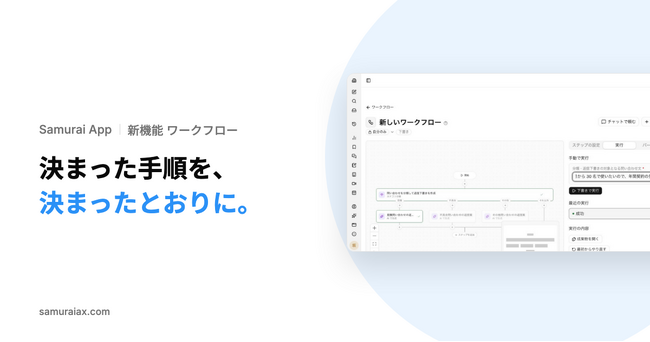 SamuraiAX、業務AIエージェントOS「Samurai App」で、決まった手順を書いた順のとおりに実行する「ワークフロー」を、チャットで頼んで作れる機能を提供