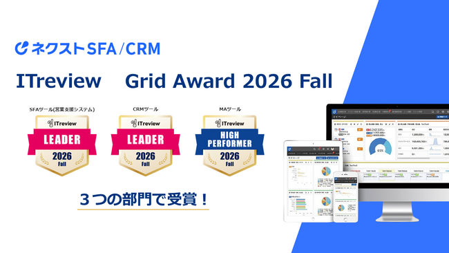 営業支援ツール「ネクストSFA/CRM」が「ITreview Grid Award 2026 Fall」で最高位の「Leader」と「High Performer」を受賞