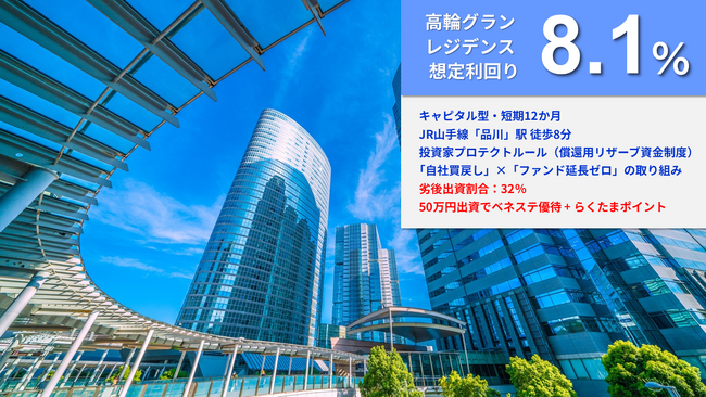 【想定利回り8.1％】『らくたま50号（高輪グランレジデンス）』10月26日12時より募集開始｜初回投資で出資額の1％相当、最大10万円分のポイントを進呈