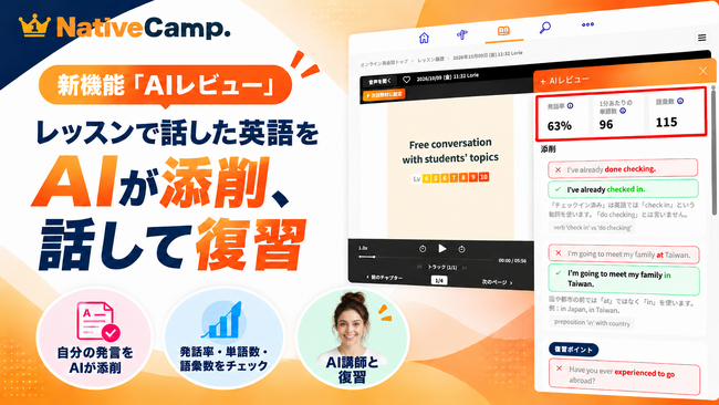 レッスンで話した英語をAIが添削、AI講師と話して復習！ネイティブキャンプ、新機能「AIレビュー」をリリース