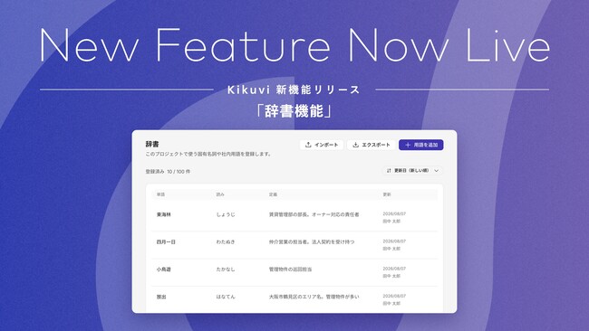 AIヒアリングエージェント「Kikuvi」、人名や社内用語の読み方と意味を登録できる「辞書機能」をリリース