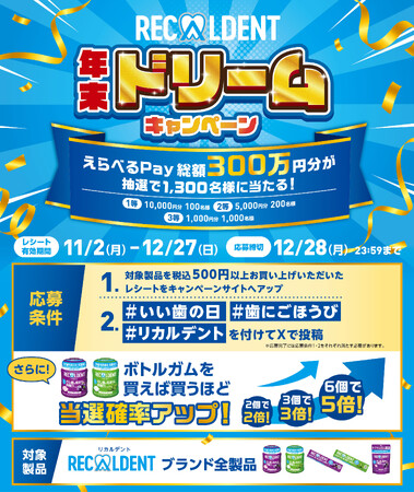 今年一年の歯へのごほうびに！「えらべるPay(R)」総額300万円分をプレゼント 「リカルデント年末ドリームキャンペーン」が 2026 年11月2日（月）よりスタート