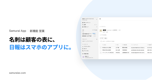 SamuraiAX、業務AIエージェントOS「Samurai App」で、名刺の写真から顧客の表とお礼メールを作り、営業日報をスマートフォンで書けるアプリにする機能を提供